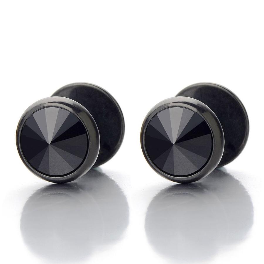 10mm Black Circle Stud Earrings With CZ – Fake Ear Plug Gauges, Stainless Steel, Men & Women
