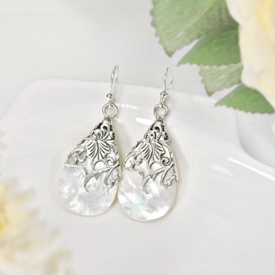 AeraVida Vintage Floral Vine Ornate Teardrop White Mother of Pearl .925 Sterling Silver Dangle Earrings | Chic Style Ste｜kame-express｜02