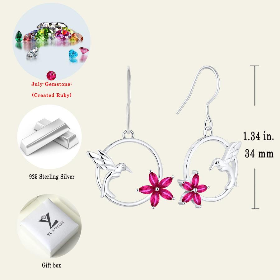 YL Hummingbird Hook Earrings Sterling Silver Flowers Dangle Drop Earrings Created Ruby Jewelry Women｜kame-express｜06