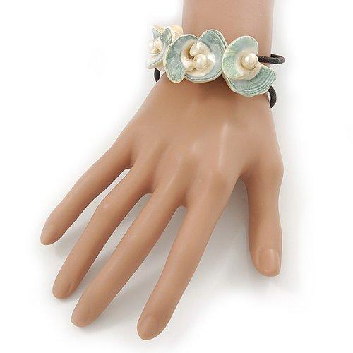Avalaya Chunky Calla Lily Floral Sea Shell Wired Cuff Bracelet - Adjustable (White/Sea Green)｜kame-express｜03