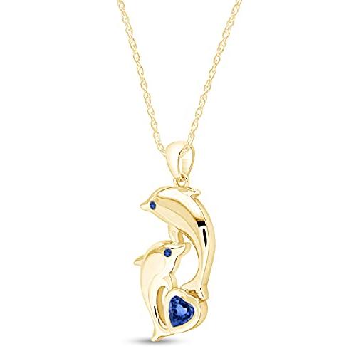 AFFY Mother's Day Jewelry Gift Heart And Round Cut Simulated Blue Sapphire Dolphin Pendant Necklace In 14k Yellow Gold O｜kame-express｜02