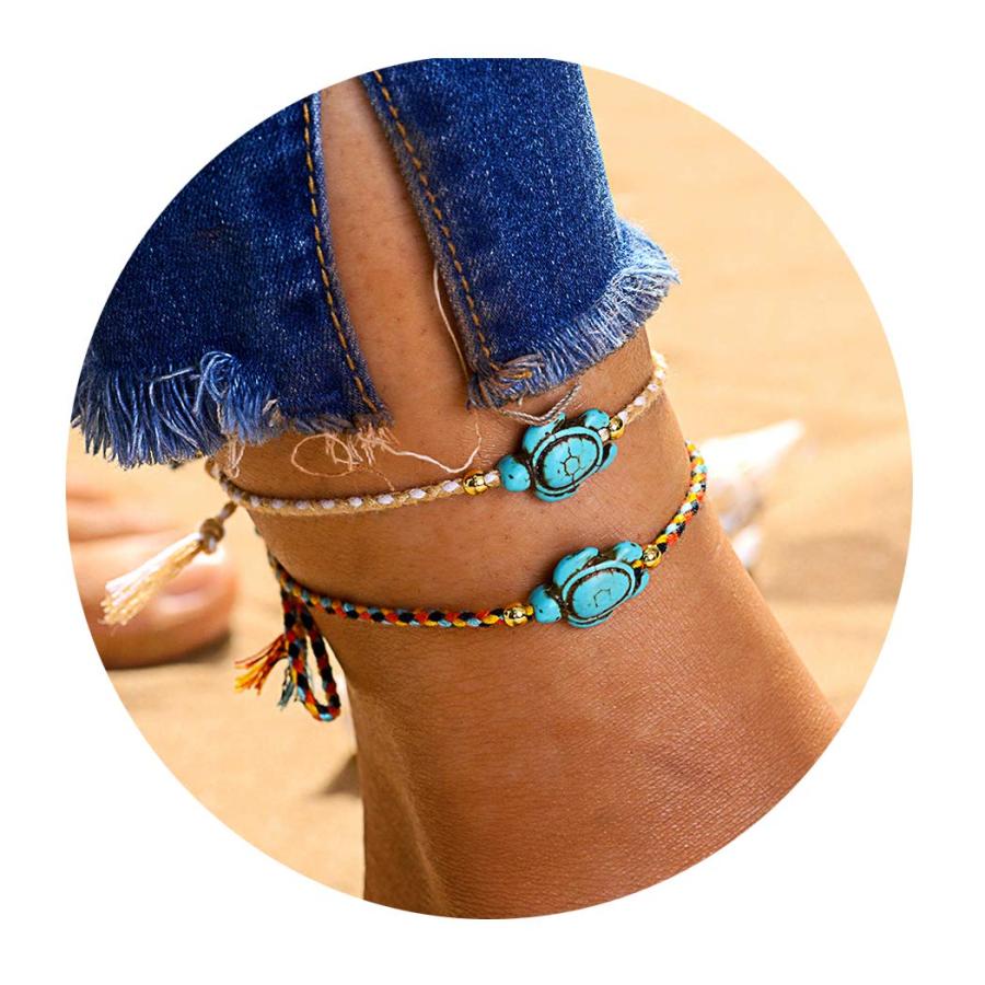 Jeka Handmade Sea Turtle Anklets Bracelets for Women Girls Beach Friendship 10 Pcs Set Boho Adjustable Rope Hawaiian Foo｜kame-express｜04