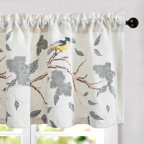 Leeva Faux Linen Embroidery Valances for Windows Floral Farmhouse Treatment Small Kitchen Curtains for Dining Room Bathr｜kame-express｜02