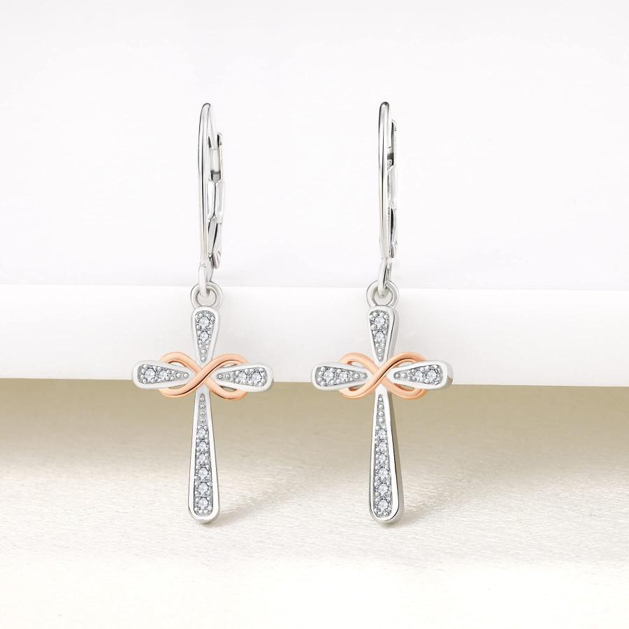 YL 18K Rose Gold Cross Earrings Sterling Silver Infinity Dangle Drop Earrings Cubic Zirconia Criss Leverback Jewelry｜kame-express｜04