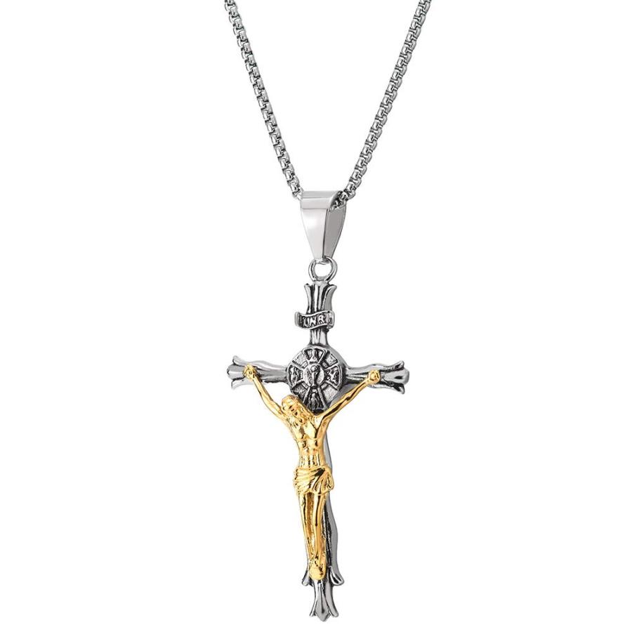 COOLSTEELANDBEYOND Steel Jesus Christ Crucifix Cross Pendant Necklace for Men Silver Gold 30 inches Wheat Chain｜kame-express｜02