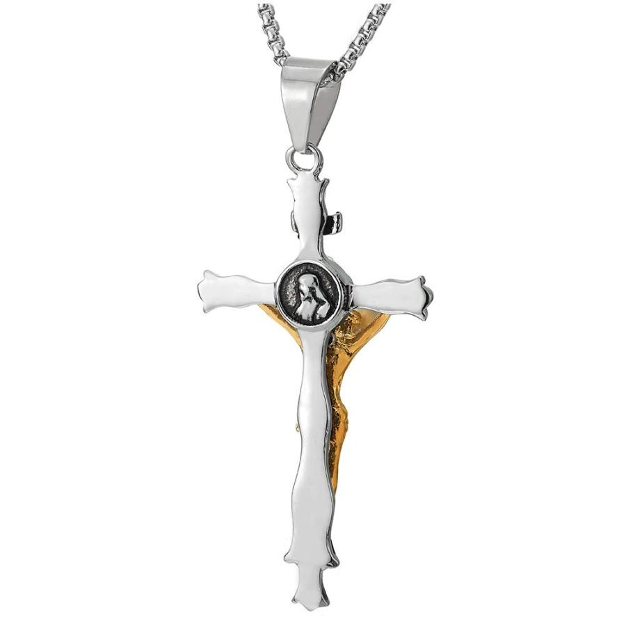 COOLSTEELANDBEYOND Steel Jesus Christ Crucifix Cross Pendant Necklace for Men Silver Gold 30 inches Wheat Chain｜kame-express｜03