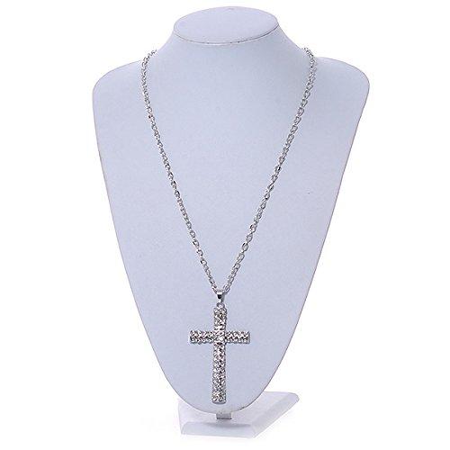 Avalaya Statement Crystal Cross Pendant with Chunky Long Chain In Silver Tone - 70cm L｜kame-express｜03