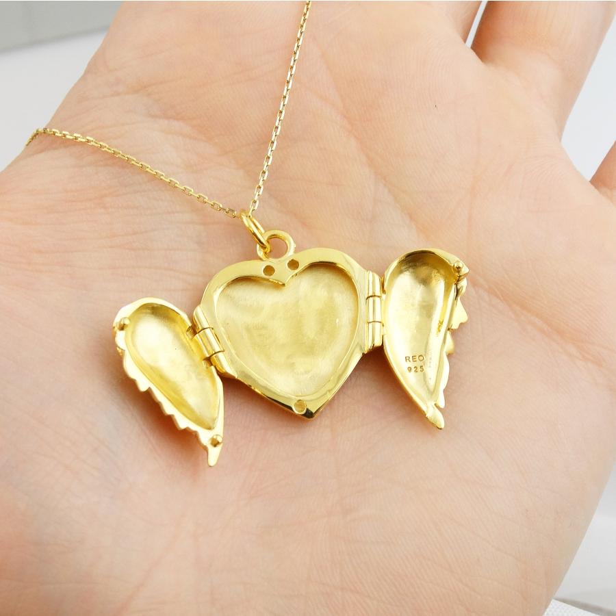 FashionJunkie4Life 18K Gold Plated Sterling Silver Angel Wings Heart Locket Necklace 18 Chain｜kame-express｜03