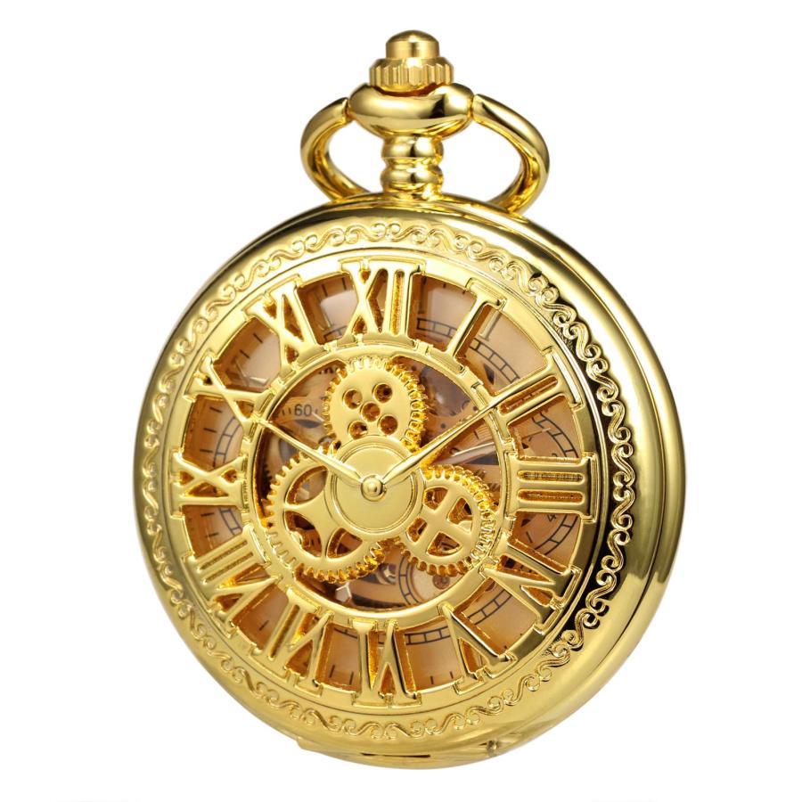 TREEWETO Pocket Watch Skeleton Hand-Wind Mechanical Double Case Black Roman Numerals Antique with Fob Chain Box｜kame-express｜02