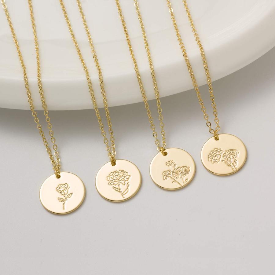 Birth Month Flower Necklace for Women 14K Gold Plated Engraved Floral Coin Pendent Necklace for Girls｜kame-express｜02