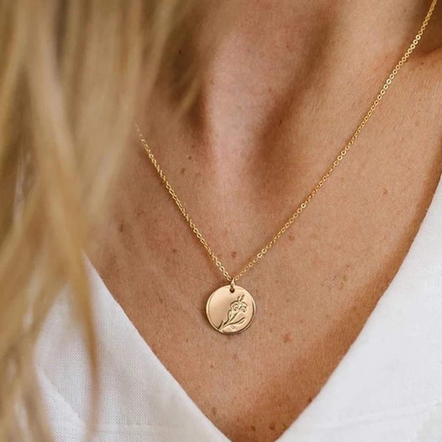 Birth Month Flower Necklace for Women 14K Gold Plated Engraved Floral Coin Pendent Necklace for Girls｜kame-express｜05