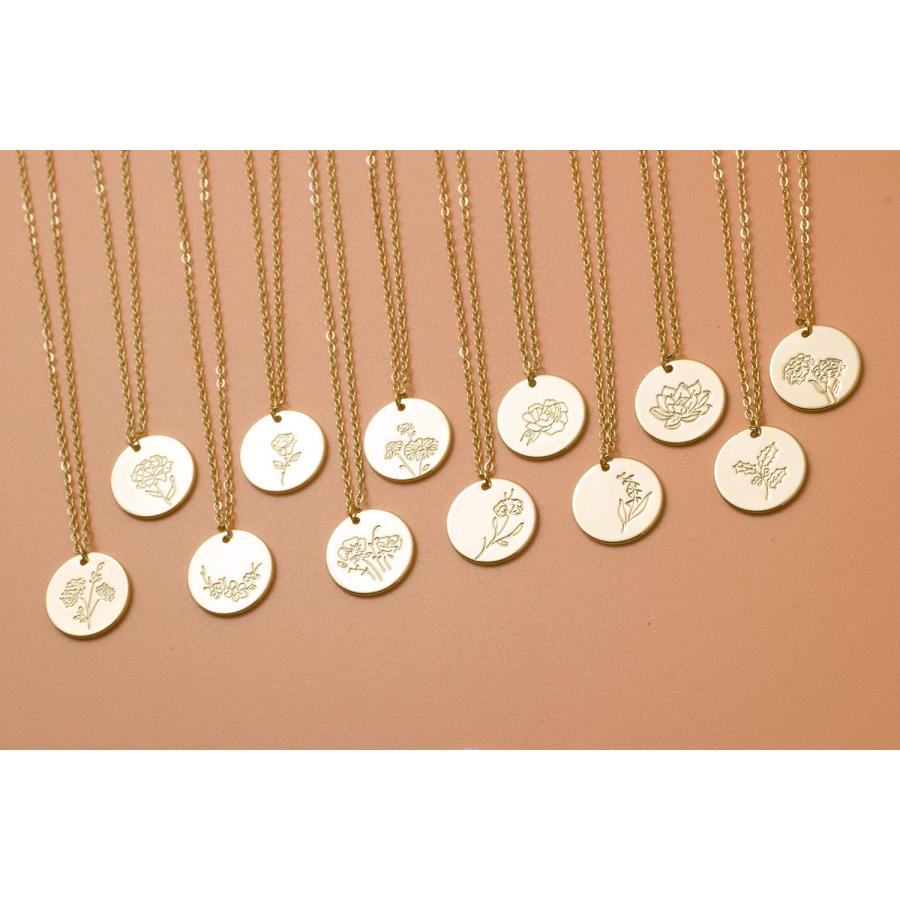 Birth Month Flower Necklace for Women 14K Gold Plated Engraved Floral Coin Pendent Necklace for Girls｜kame-express｜06