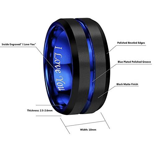 4mm 6mm 8mm 10mm Blue Groove Black Matte Finish Tungsten Carbide Wedding Band Ring Engraved I Love You (10mm15.5)｜kame-express｜03