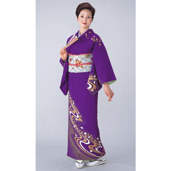 訪問着 胴抜き 女性 踊り 絵羽 訪問着 洗える着物 紫 流水 花筏