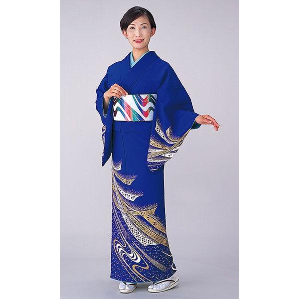 レディース 着物 訪問着 胴抜き 女性 踊り 絵羽 洗える着物 紺青色 束ね熨斗 流水