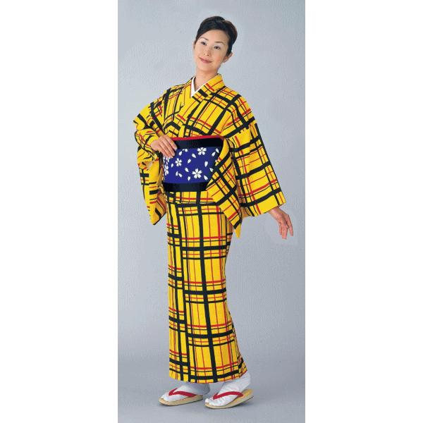 小紋 着物 反物 レディース 踊り 舞台 おしゃれ モダン 小紋 格子 黄 洗える着物