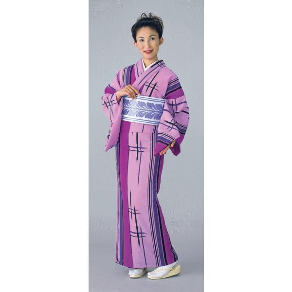 小紋 着物 反物 キング幅 踊り 舞台 モダン 小紋 洗える着物 縞 井桁 紫