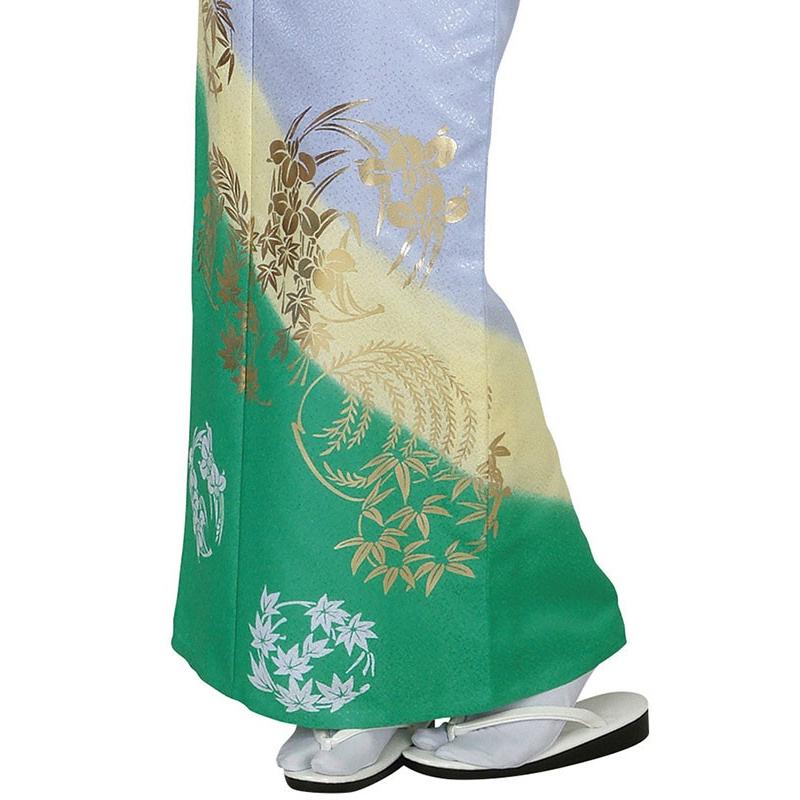 訪問着 着物 反物 女性 男性 踊り 絵羽 薄藤色 薄黄色 緑 杜若 洗える