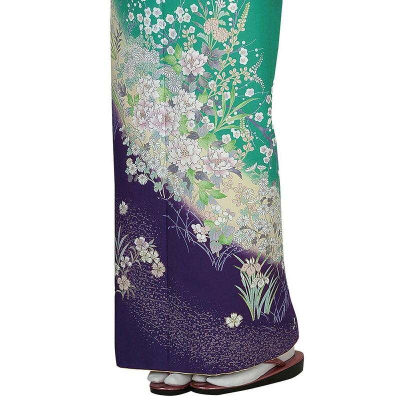訪問着 着物 反物 女性 男性 踊り 絵羽 訪問着 浅葱色 紫 牡丹 菊 梅 洗える着物_4
