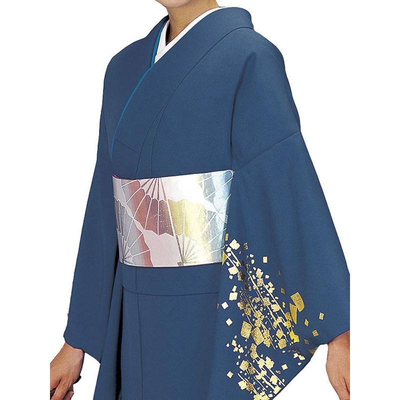 訪問着 女性 胴抜き プレタ 踊り 絵羽 洗える着物 藍色地 金箔紙