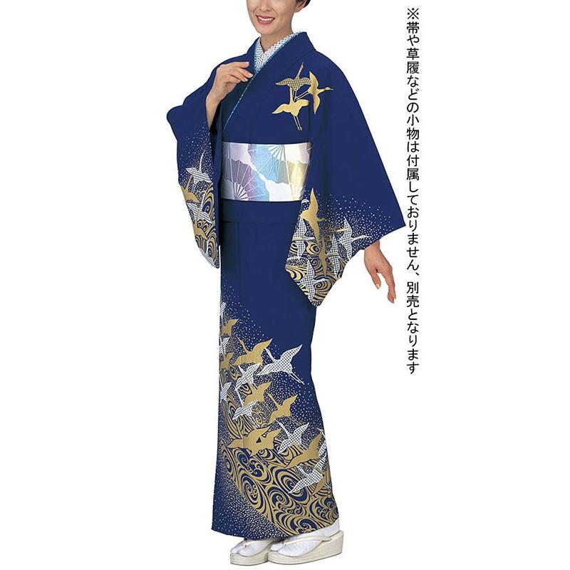 訪問着 女性 胴抜き プレタ 踊り 絵羽 洗える着物 シルク加工 濃藍地