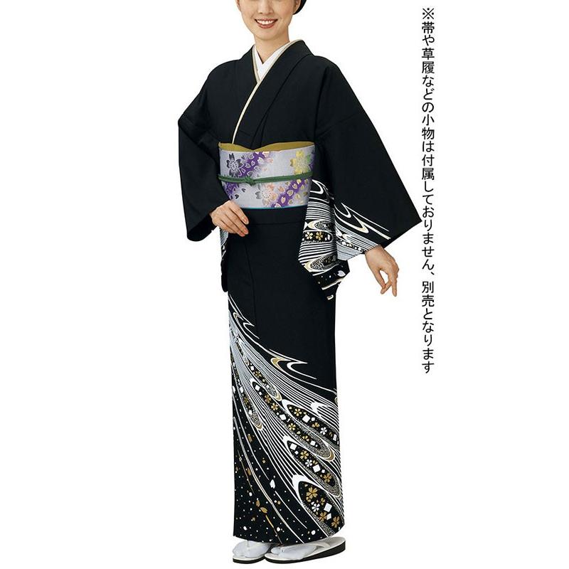 訪問着 女性 胴抜き プレタ 踊り 絵羽 訪問着 洗える着物 シルク加工 黒地 桜吹雪 風花