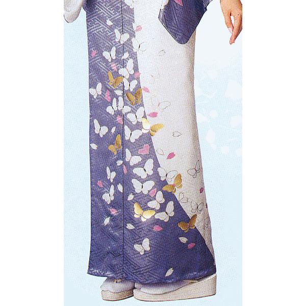 訪問着 女性 踊り 絵羽 洗える着物 納期35日 藤鼠 蝶 桜 : カメヤ