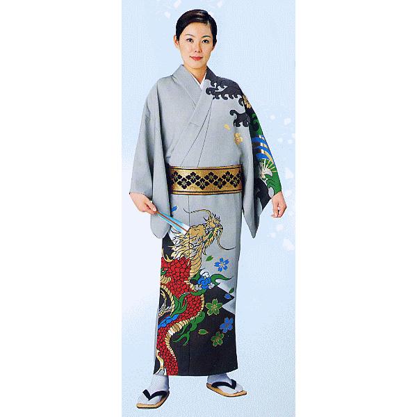 訪問着 女性 男性 踊り 絵羽 訪問着 洗える着物 納期35日 グレイ 昇り竜