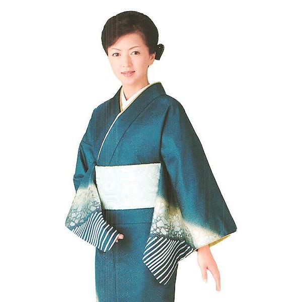 訪問着 女性 プレタ 踊り 絵羽 洗える着物 藍色 棒縞 霰 : カメヤ