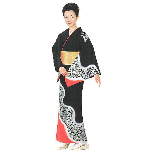 訪問着 女性 プレタ 踊り 絵羽 洗える着物 黒地 箔紙ちらし : カメヤ