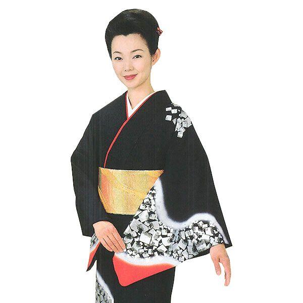 訪問着 女性 プレタ 踊り 絵羽 洗える着物 黒地 箔紙ちらし : カメヤ