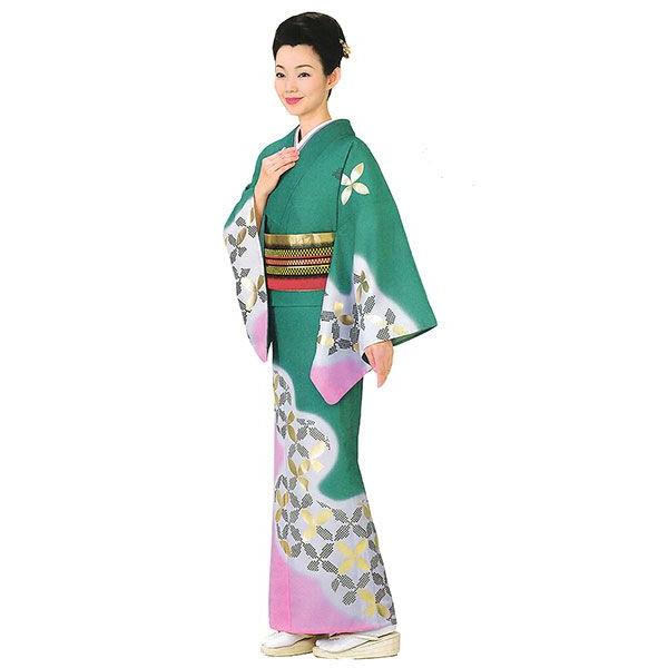 訪問着 女性 プレタ 踊り 絵羽 洗える着物 青緑 変り七宝 : カメヤ