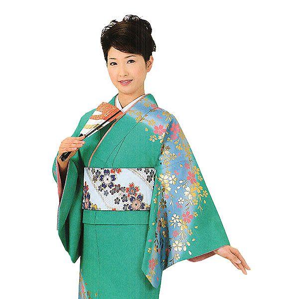 訪問着 女性 胴抜き プレタ 踊り 絵羽 洗える着物 浅葱色 枝垂桜