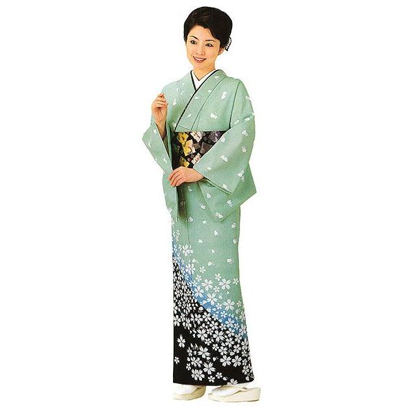 訪問着 女性 プレタ 踊り 絵羽 洗える着物 青磁色 桜花 : カメヤ