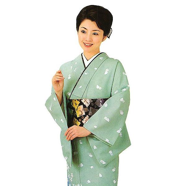 訪問着 女性 プレタ 踊り 絵羽 洗える着物 青磁色 桜花 : カメヤ