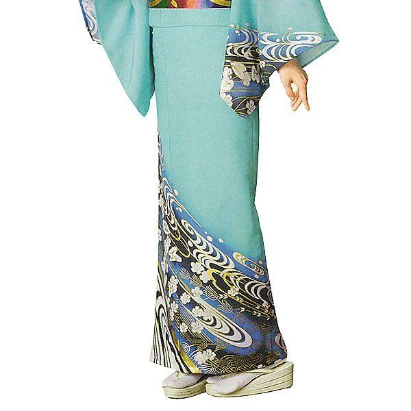 訪問着 女性 プレタ 踊り 絵羽 洗える着物 薄浅葱 観世水 : カメヤ