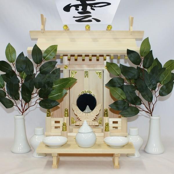 国産東濃桧製神棚 中神明(ちゅうしんめい) 日本製神棚 一社神棚 (神棚セット/神前用具7種セット中と造花榊付き)