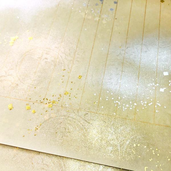 かみもん 写経用紙 no.3500 緑グレー 5枚入り 本鳥の子 全体金銀磨出し 大小切箔 罫線入り 柄入り お手本なし 本鳥の子一号 金箔 銀箔の画像