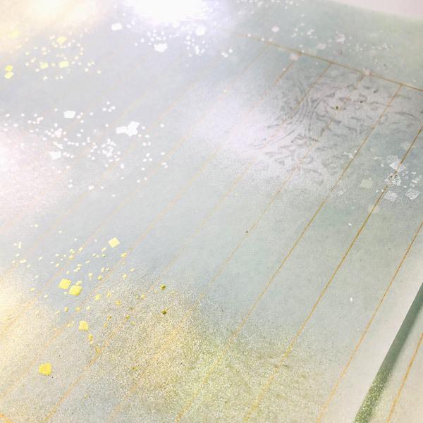 かみもん 写経用紙 no.3500 水グレー 5枚入り 本鳥の子 全体金銀磨出し 大小切箔 罫線入り 柄入り お手本なし 本鳥の子一号 金箔 銀箔の画像