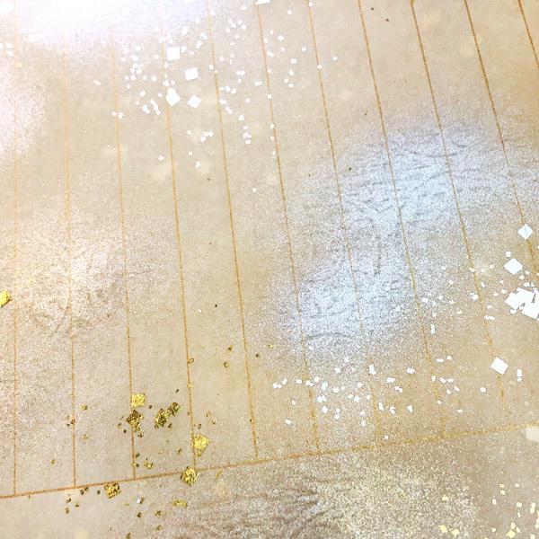 かみもん 写経用紙 no.3500 渋オード 5枚入り 本鳥の子 全体金銀磨出し 大小切箔 罫線入り 柄入り お手本なし 本鳥の子一号 金箔 銀箔 鳥の子の画像