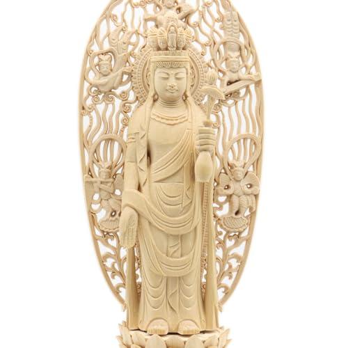 栗田こだわり仏像 菩薩 十一面観音菩薩立像4.0寸 総高28.5cm、幅10cm、奥行き10cm 桧木製高級木彫り 飛天光背八角台 846