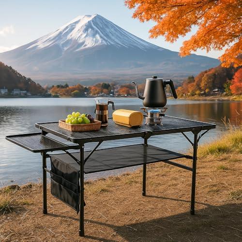 折り畳み式 キャンプテーブル 135*60cm アウトドアテーブル 高さ調節可能(42-66cm) メッシュデザイン 軽量 携帯便利 アルミニウム合金 耐熱頑丈 コンパクト収納_1