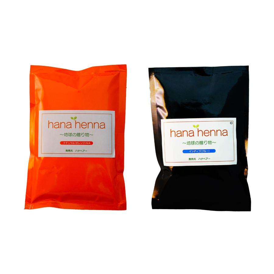 ヘナ ハナヘナ hana henna ナチュラル＆インディゴ 100g 二度染めお得セット 白髪染め ダークブラウン 口コミ｜kaminoya-kanno