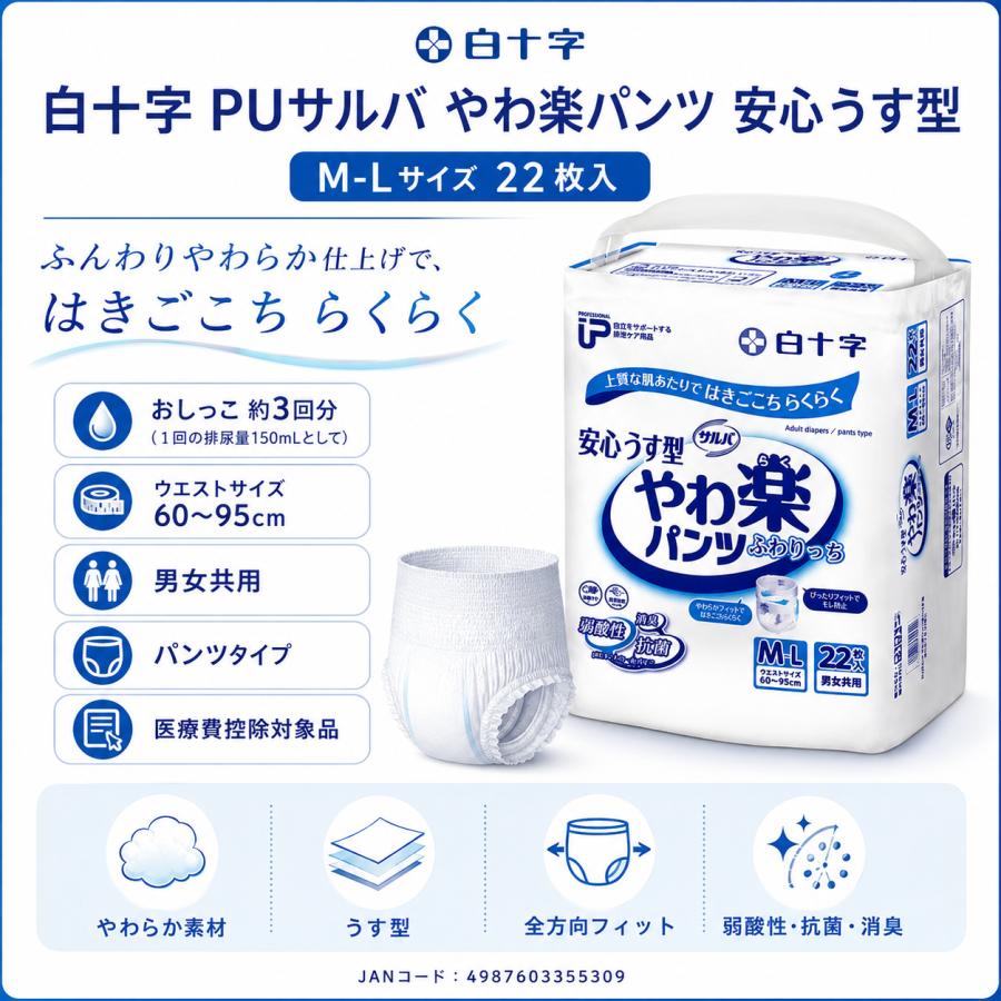 サルバ 大人用紙おむつ 白十字 PUサルバ やわ楽パンツ 安心うす型 M-L