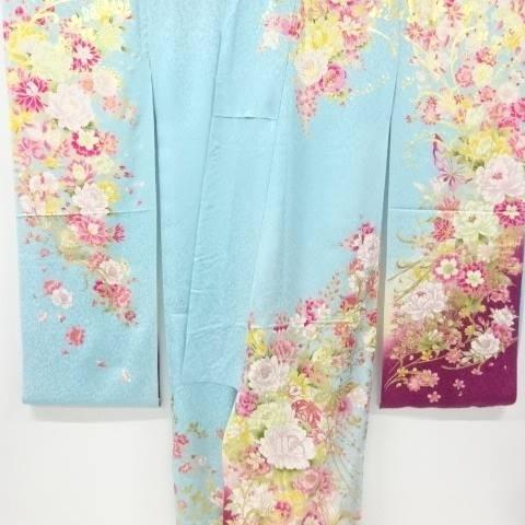 【美品】大衆演劇　花柄振袖 アウトレット【大衆演劇 衣裳 未仕立】草花に鞠・蝶柄 振袖 仮絵羽（八