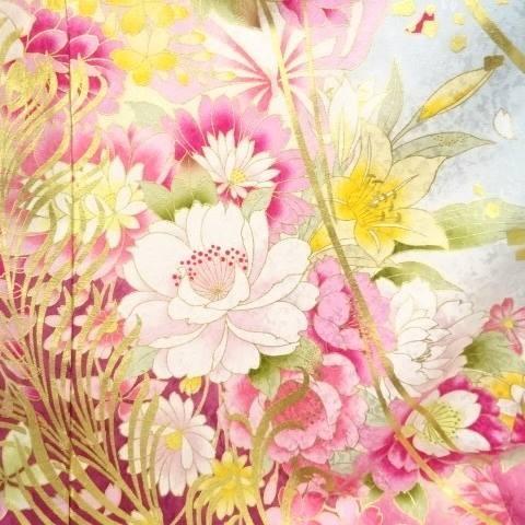 アウトレット【大衆演劇 衣裳 未仕立】草花に鞠・蝶柄 振袖 仮絵羽（八