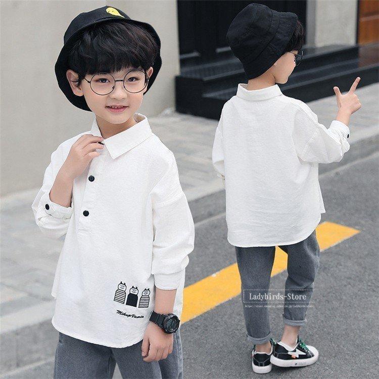 子供服 男の子150 白シャツ キッズ シャツ 開襟シャツ 長袖 襟付き  