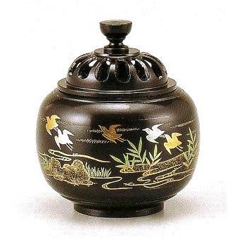 冠婚葬祭、宗教用品 香炉　玉胴型　波千鳥　蒔絵　銅製　桐箱入　高さ9×幅8cm　ta138-51