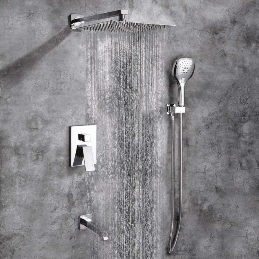 シャワーシステム クローム バスルーム レインフォール シャワー 蛇口セット タブスパウト付き 壁取り付け 10インチシャワーヘッドとハンドルセット  ぬいぐるみ