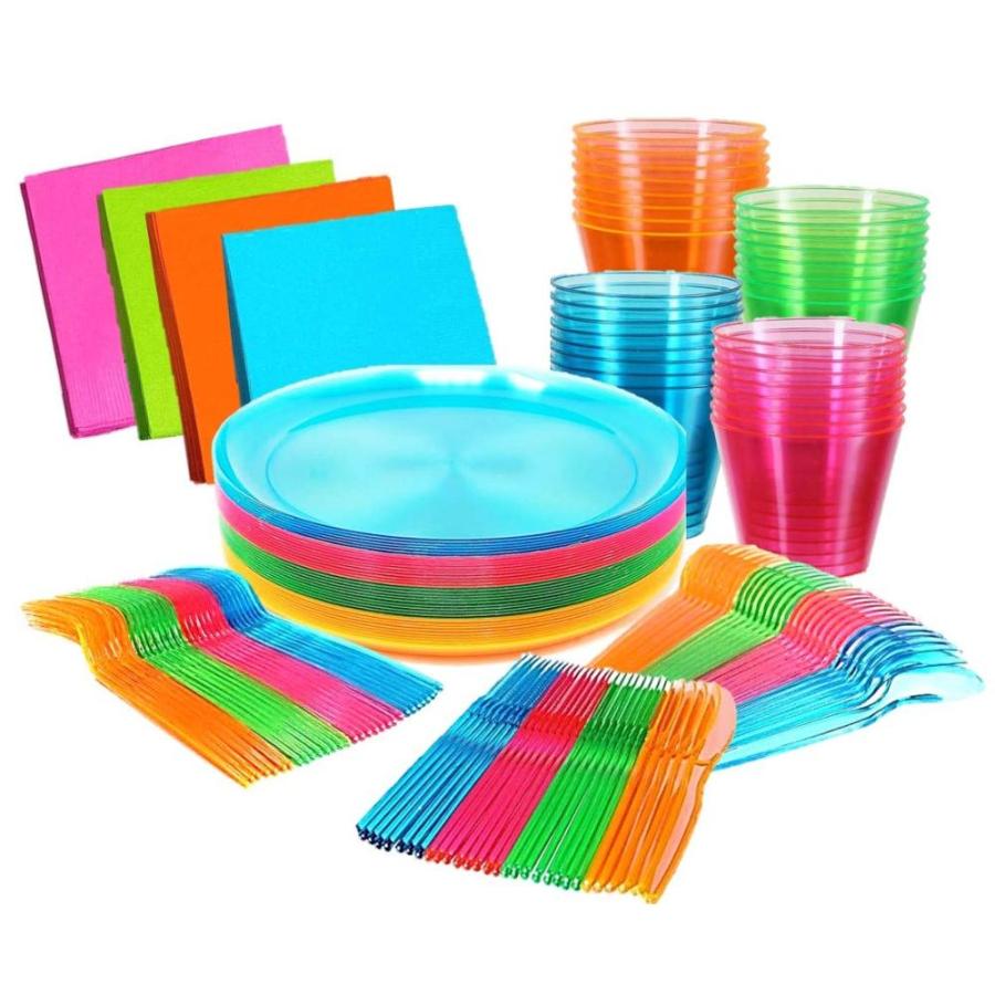 正規品取扱店 Glow Neon Party Supplies - Serves 32， Hard Plastic Disposable Neon Party Pl